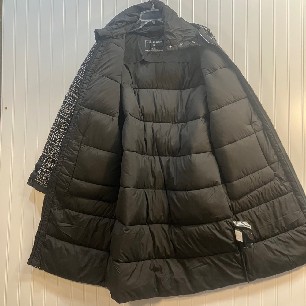 Bernardo Womens Tweed Puffer Coat Black White Mixed Media Mid Length Parka M NEW - Picture 9 of 15